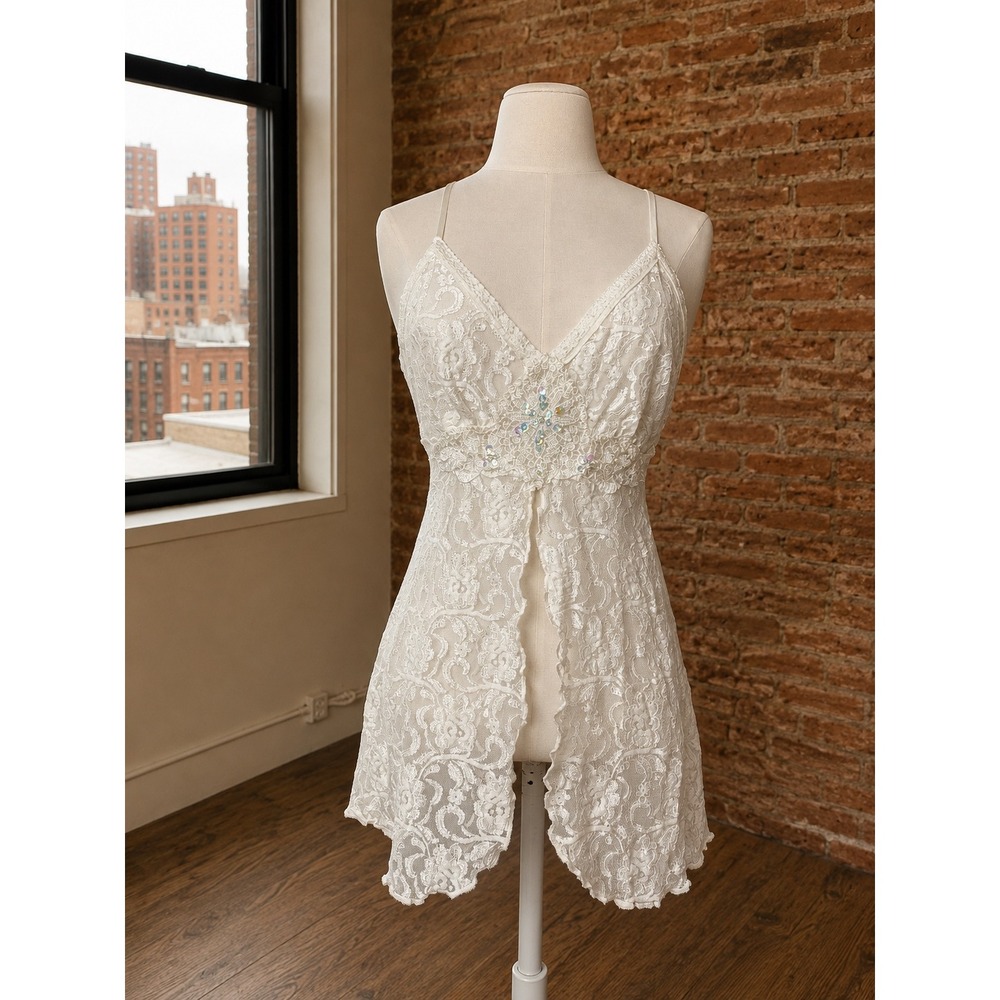 Vintage White Lace Babydoll Top Sequin Flyaway Lingerie S Fairy Coquette Bridal
